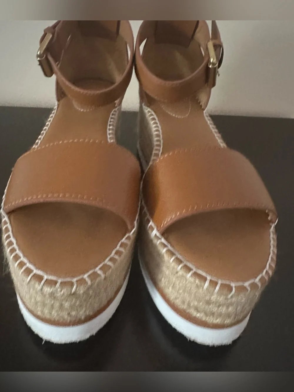 See by Chloé Tan Leather Espadrille Wedge Sandals with Ankle Strap